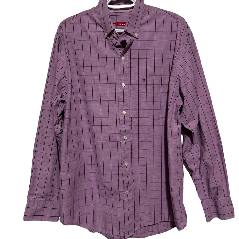 IZOD Men's Purple Blue Plaid Long Sleeve Button Down Shirt Size L